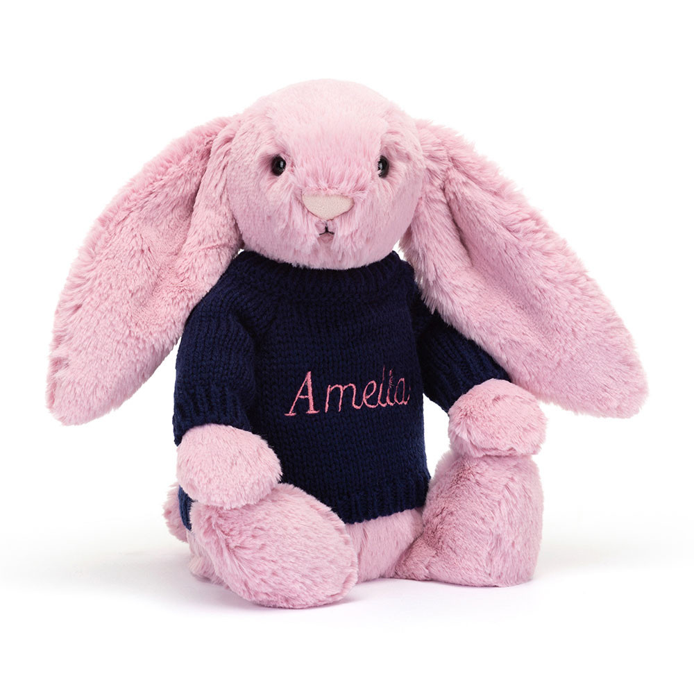 Bashful Tulip Pink Bunny with Personalized Navy Jumper