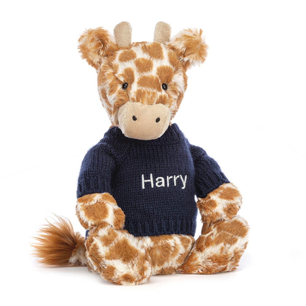 Bashful Giraffe with Personalized Navy Jumper